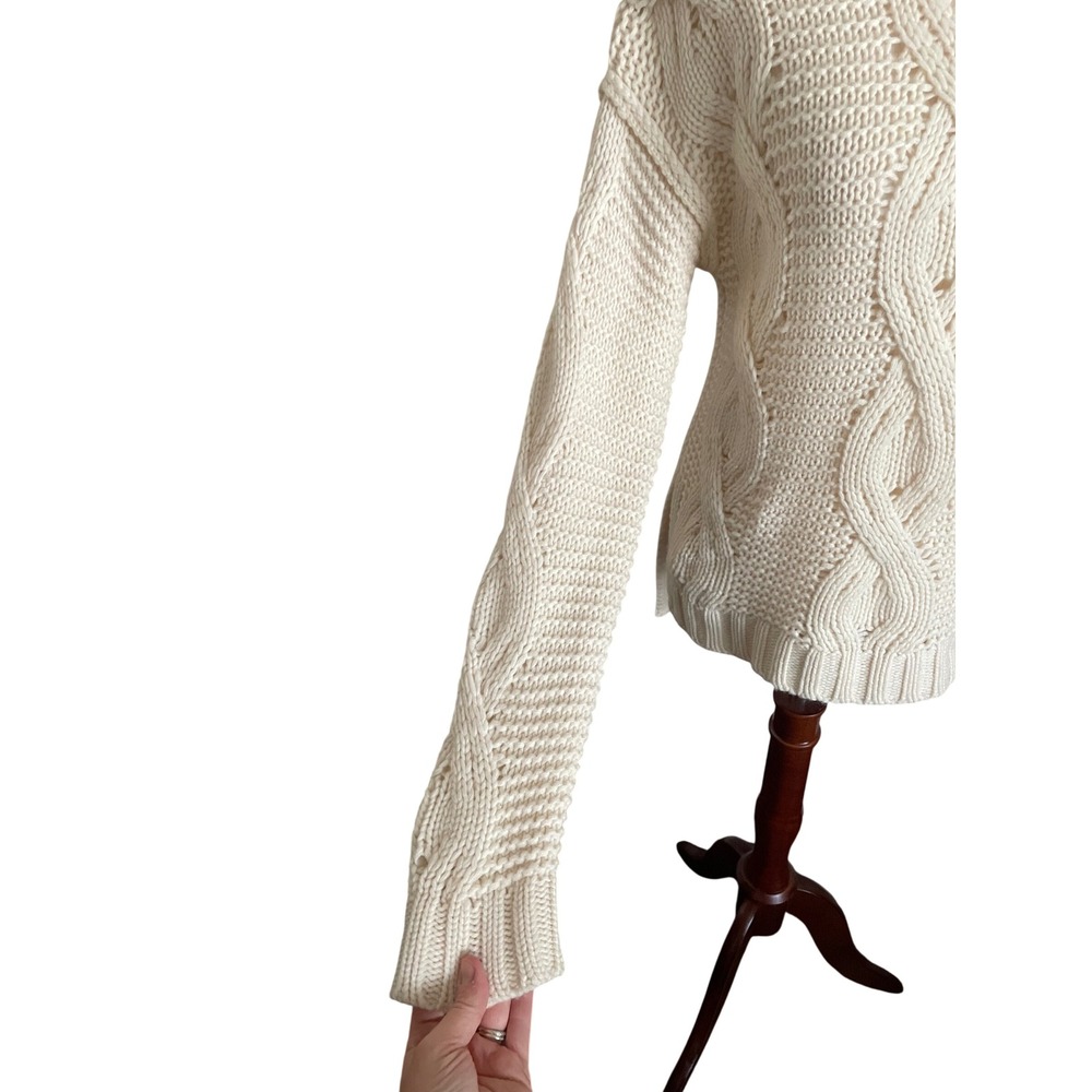 Chunky Cable Knit 100% Cashmere Cream Turtleneck Sweater Small Fisherman Cozy - Picture 3 of 7